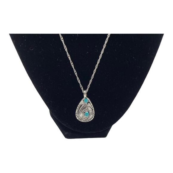 Bohemian Timeless Teardrop Leaf Turquoise Silver Feather Chain Pendant Necklace - Picture 6 of 15